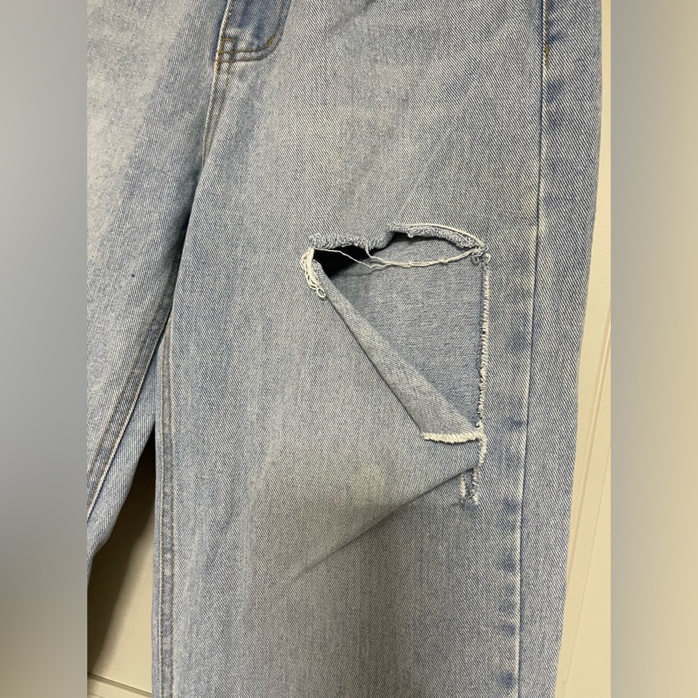 OAK + FORT Light Blue Straight Leg Jeans with Distressed Thigh - Picture 5 of 12